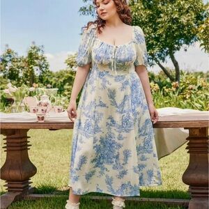 Cider Cottagecore Blue and Cream Toile Puff Sleeve Dress | Plus Size 3X